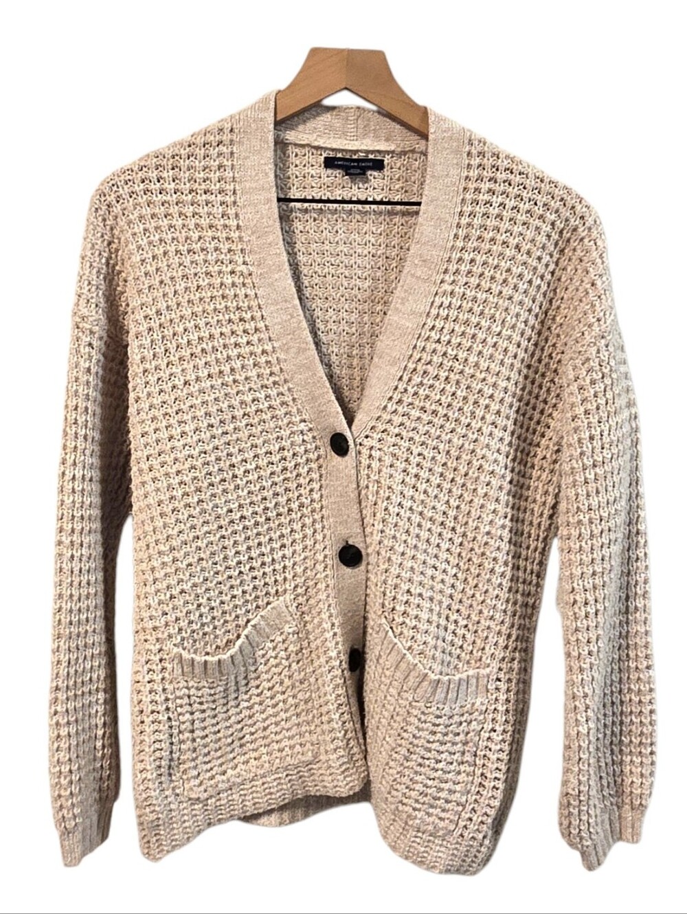 American Eagle Oatmeal Waffle Knit Oversized Button Up Cardigan Sweater Small